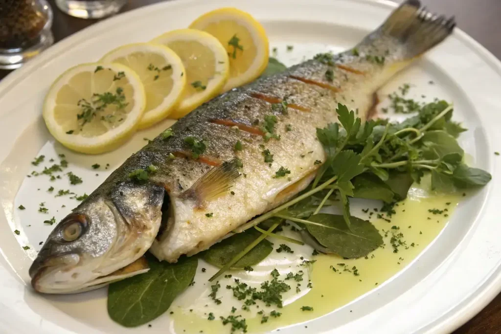 Whole roasted branzino with herbs and lemon