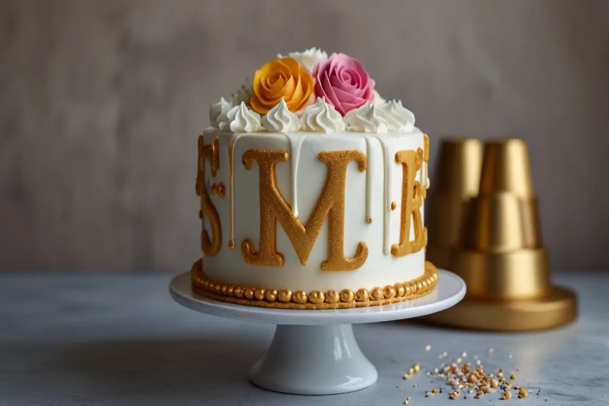 A chocolate cake with personalized lettering icing in pastel colors