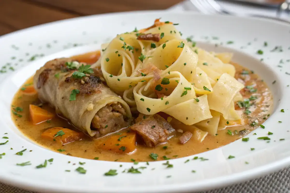 Traditional North German Grünkohl mit Pinkel served with sausages and boiled potatoes.