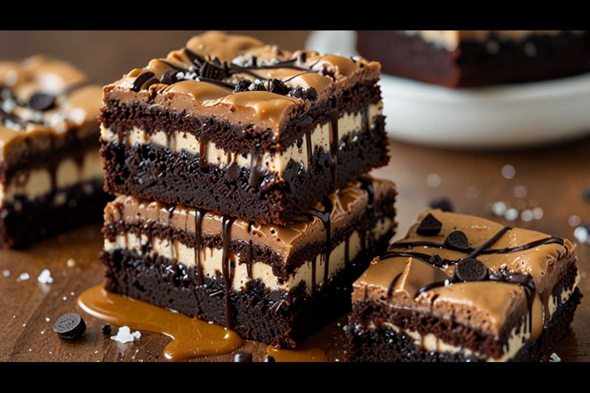 Close-up of Slutty Brownies with layers of cookie dough, Oreos, and rich brownie topping.