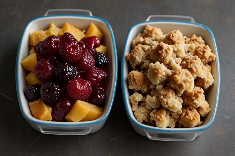 Image showing a serving of cobbler and crumble side by side, with fruit fillings and different toppings.