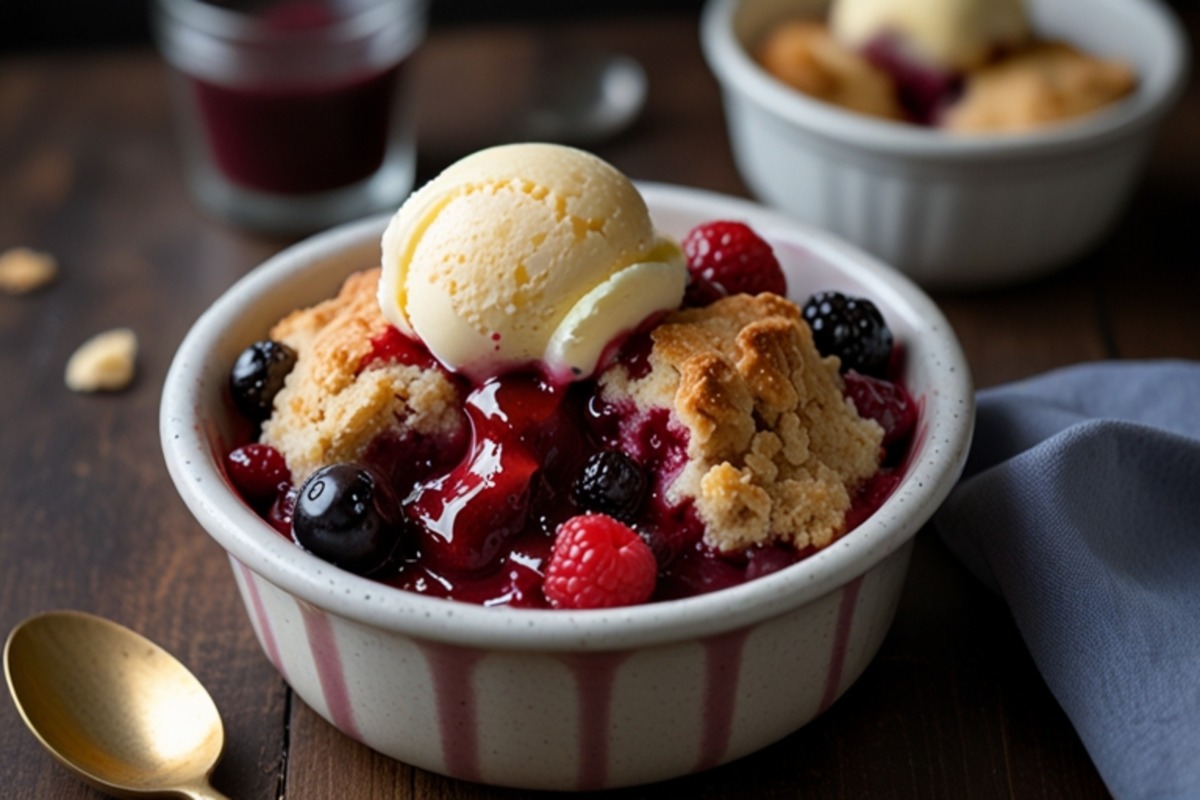 Delicious berry cobbler made with frozen berries, featuring a golden biscuit topping and juicy berry filling