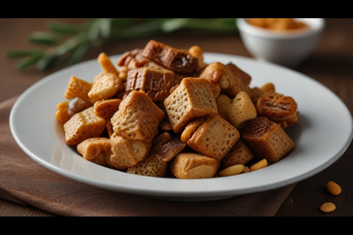 Oven-baked Chex Mix with nuts, pretzels, and a crunchy golden texture