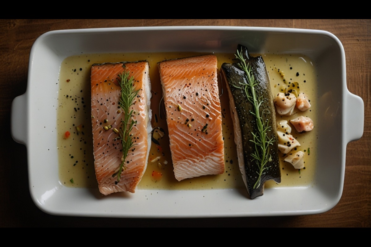 Freshly grilled steelhead trout fillet served with lemon slices and a side of roasted vegetables.