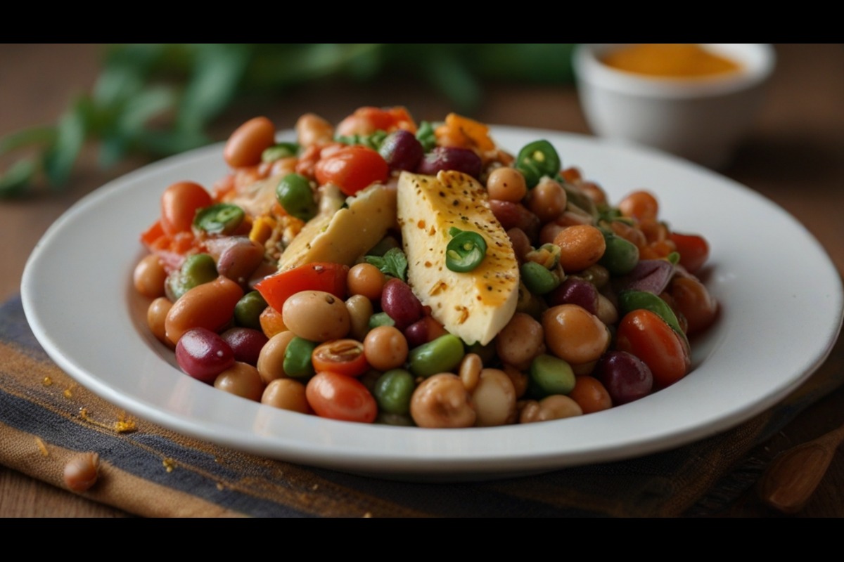 A colorful, nutritious Dense Bean Salad made with black beans, kidney beans, chickpeas, vegetables, and a simple lemon dressing