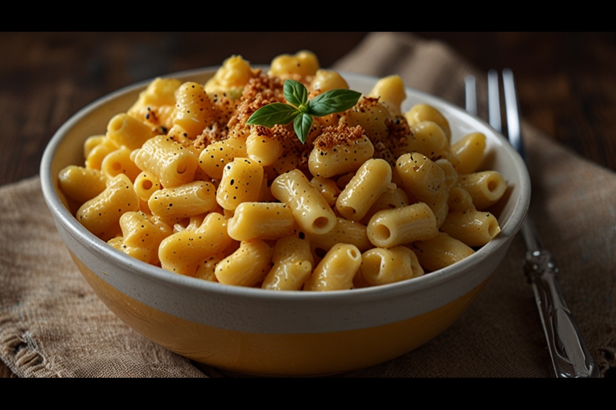 Tini Mac and Cheese served in a small bowl with a creamy cheese sauce and pasta