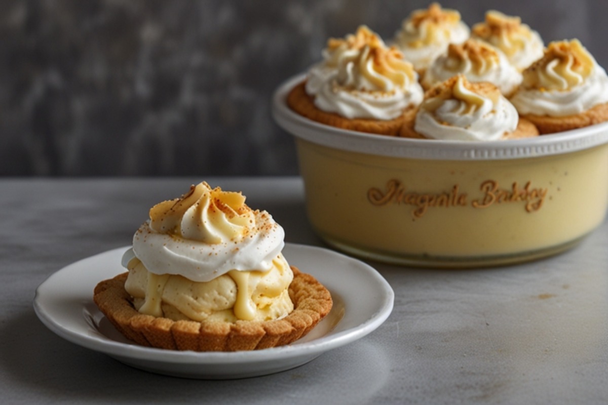 Magnolia Bakery's famous banana pudding served in a cup with creamy layers of pudding, bananas, and vanilla wafers.