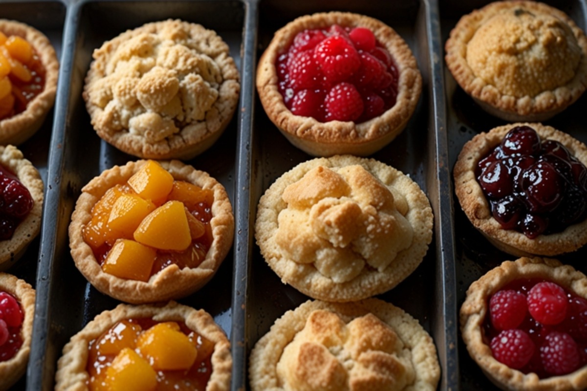 Golden brown cobbler topping on a fruit-filled dessert in a baking dish