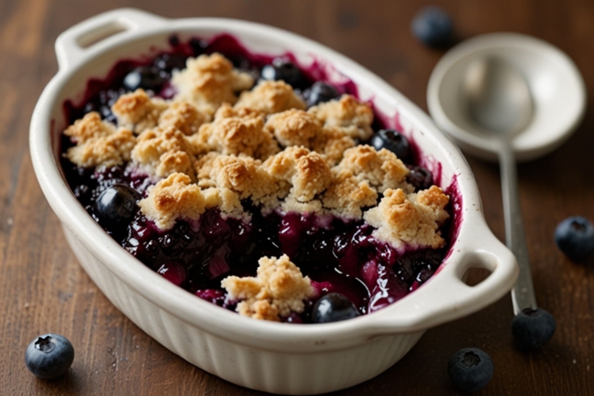 A delicious serving of blueberry crumble with a crispy topping beside a golden, biscuit-topped blueberry cobbler.