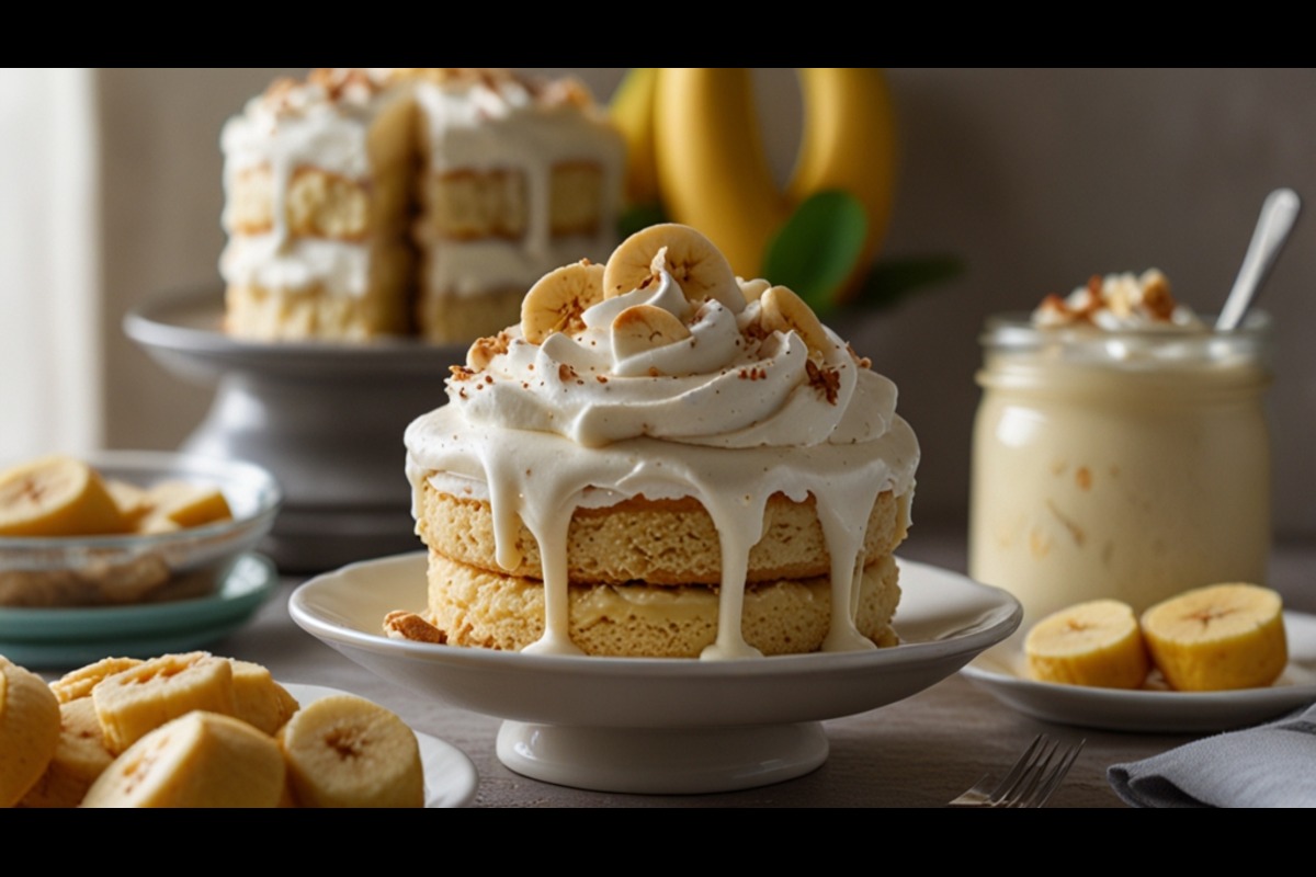Close-up of Magnolia Bakery’s banana pudding layered with wafers, bananas, and whipped cream in a glass dish.