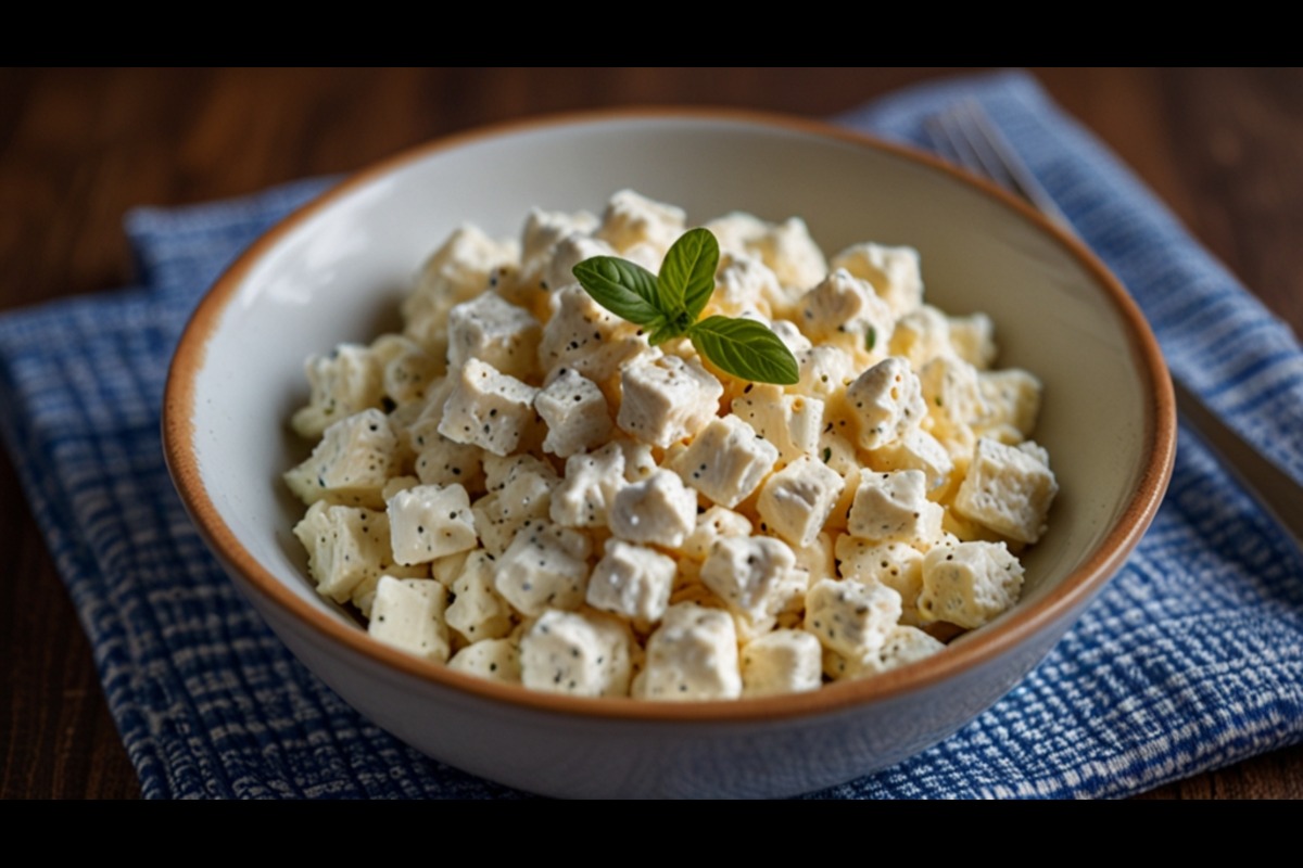 Cottage cheese salad with fresh vegetables, a healthy recipe idea