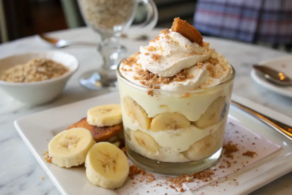 Magnolia Bakery banana pudding with layers of creamy pudding, fresh bananas, and vanilla wafers