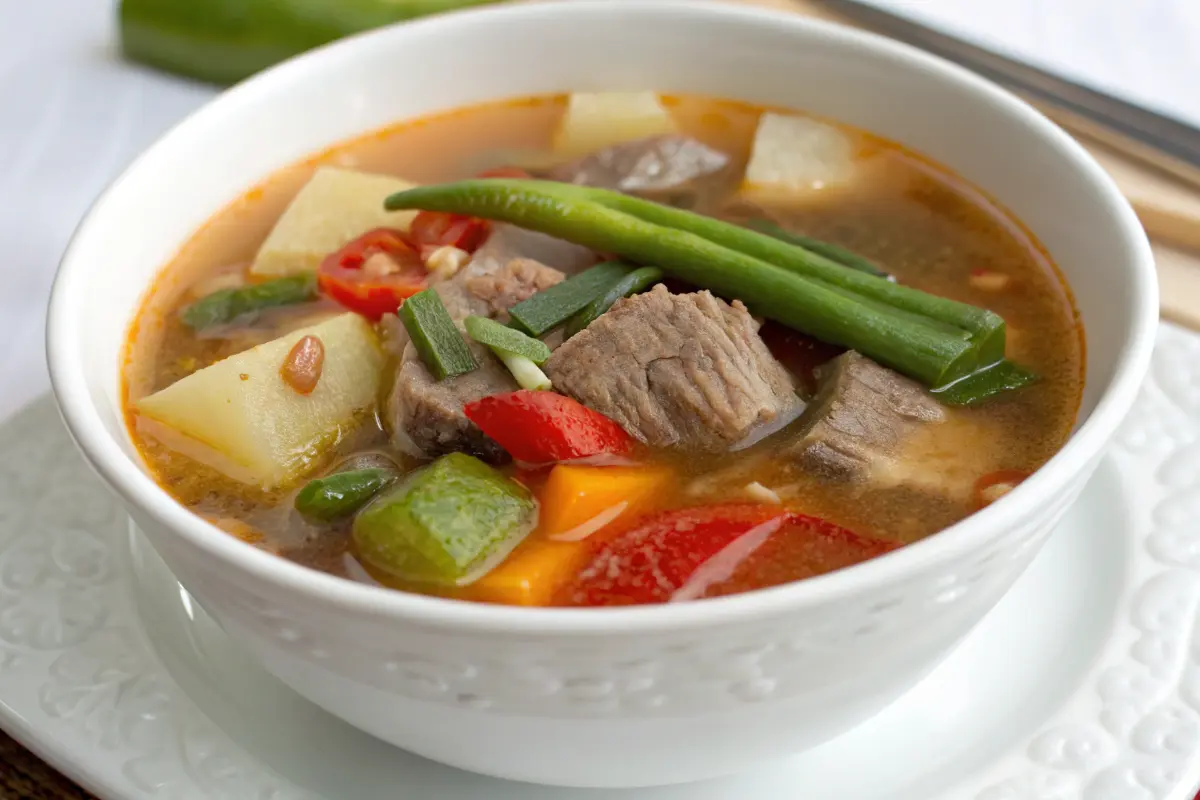 A bowl of Filipino Sinigang with pork, fresh vegetables, and a tangy tamarind broth.