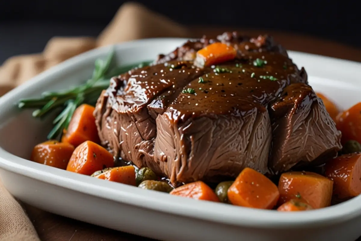 A tender frozen chuck pot roast with vegetables cooked to perfection in the oven.