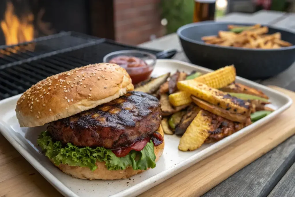 Smoked brisket and grilled vegetables cooked on a Traeger wood pellet grill