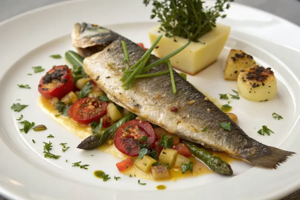 Grilled branzino fillets with lemon and fresh herbs