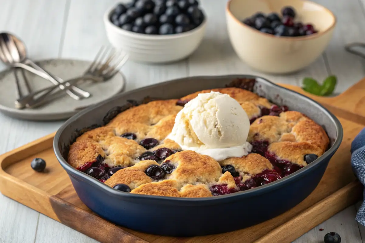 Warm blueberry cobbler with a golden biscuit topping served in a baking dish