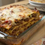 A delicious slice of easy baked taco lasagna with layers of tortillas, seasoned taco meat, melted cheese, and enchilada sauce, garnished with fresh cilantro and diced tomatoes.