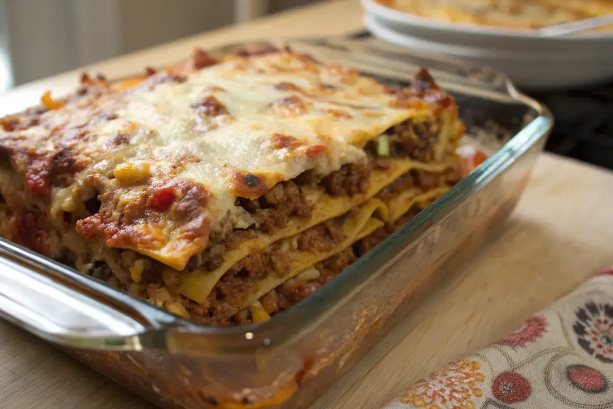 A delicious slice of easy baked taco lasagna with layers of tortillas, seasoned taco meat, melted cheese, and enchilada sauce, garnished with fresh cilantro and diced tomatoes.