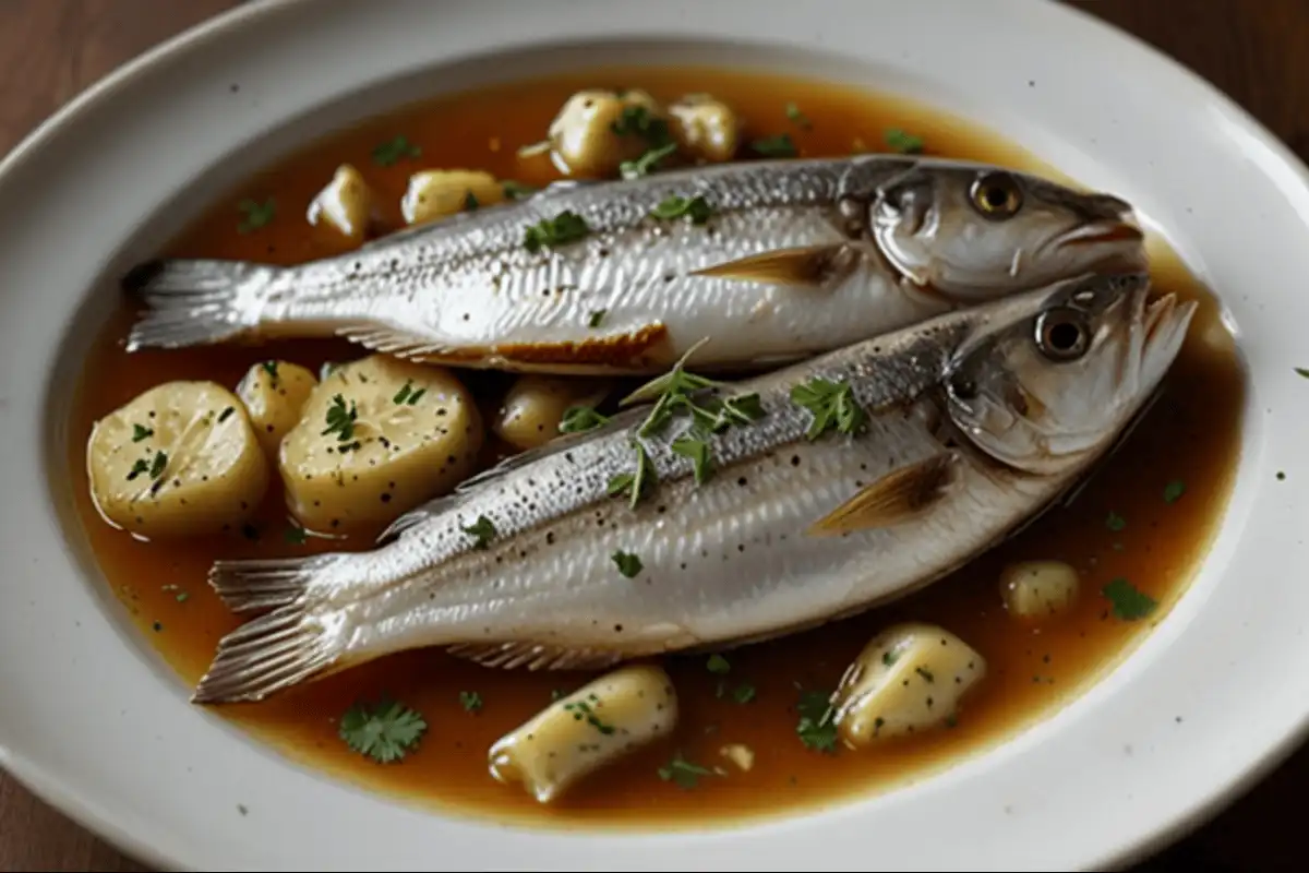 Deliciously cooked whiting fish fillets with fresh herbs and lemon on a white plate, served with vegetables and a light garnish