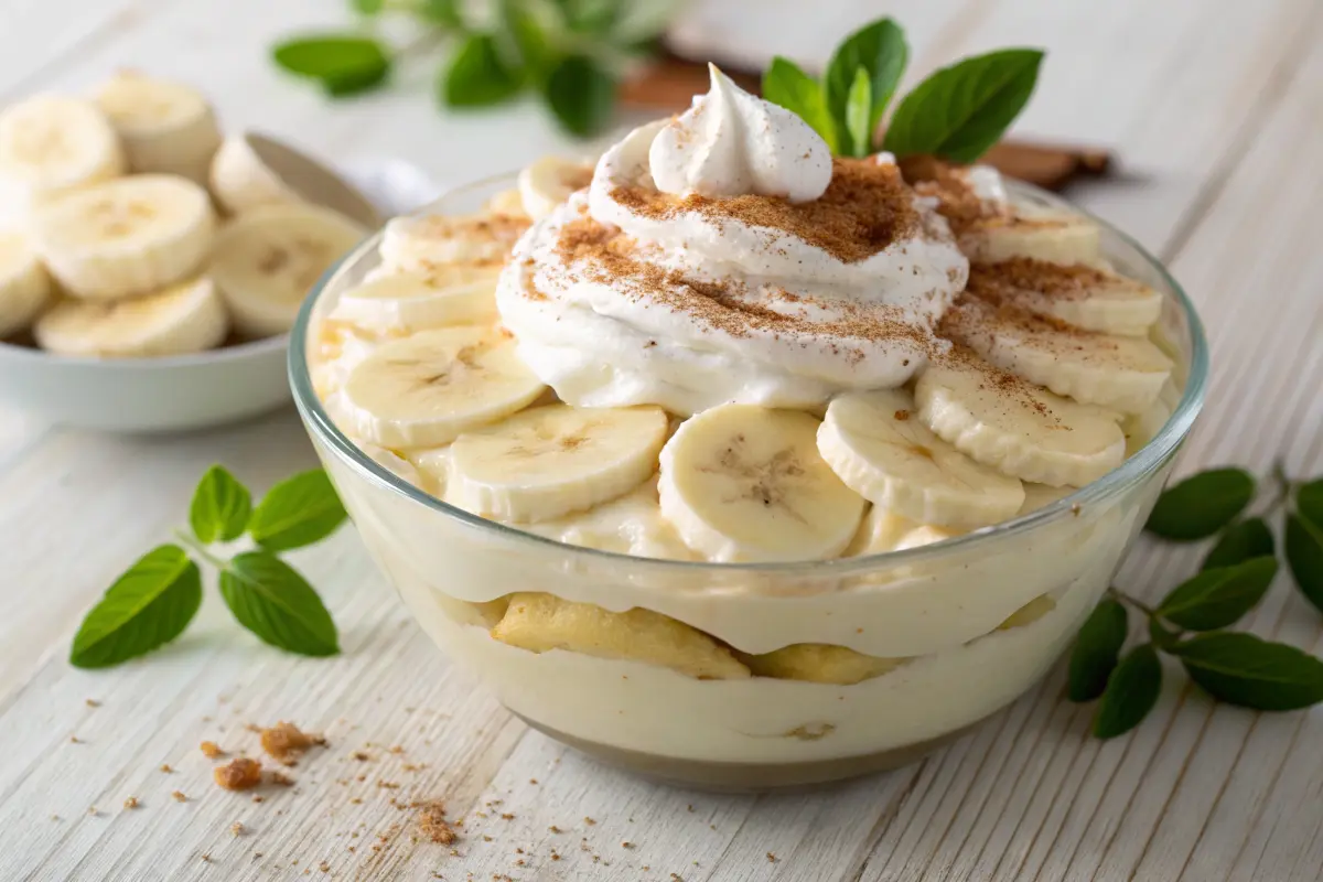 Layered Magnolia Banana Pudding in a glass dish with wafers and banana slices on top