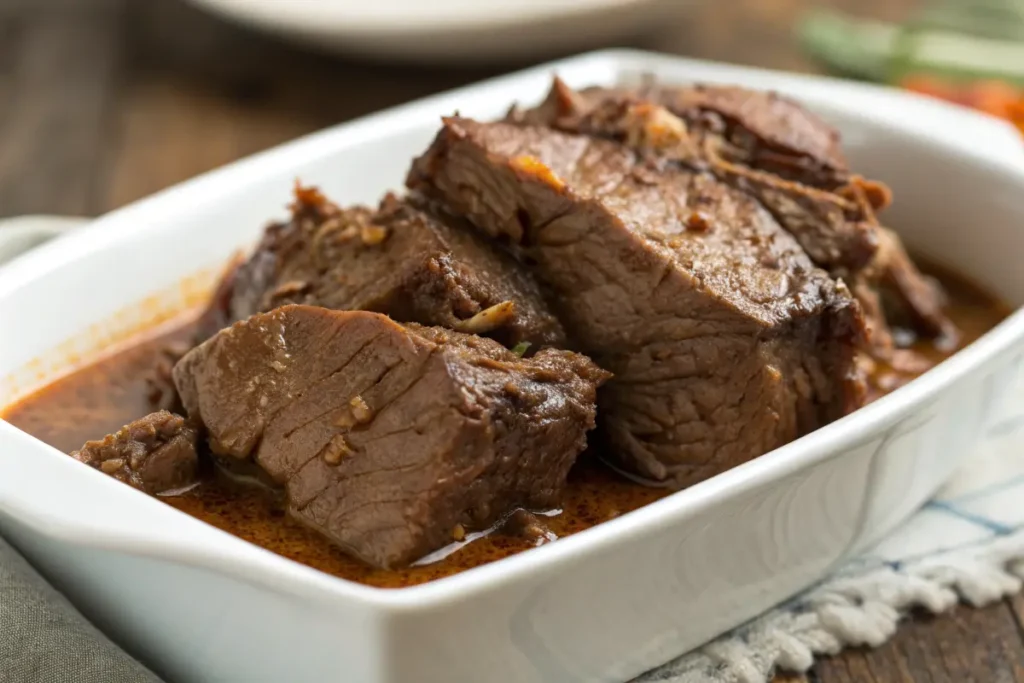 Frozen chuck pot roast in the oven, ready to be seasoned and cooked for a delicious and tender meal