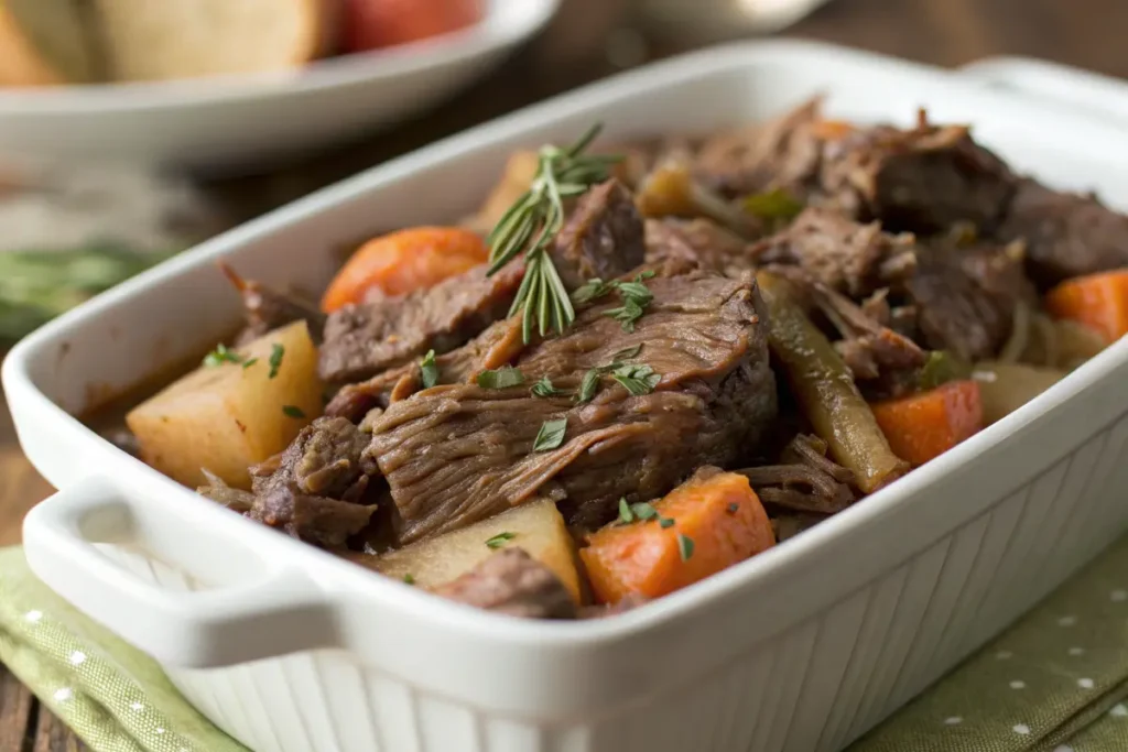 Frozen chuck pot roast in the oven with herbs and vegetables, ready to be cooked for a tender meal.