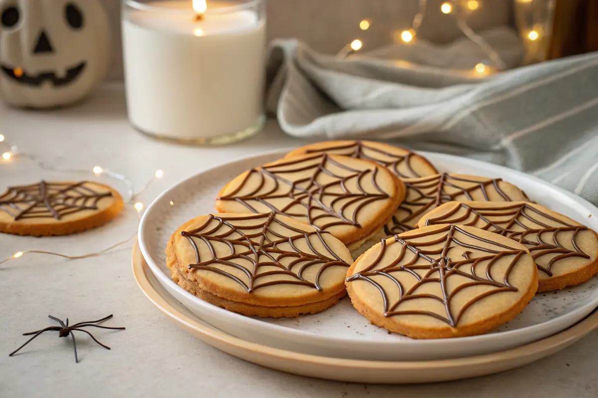 A set of beautifully decorated spider web cookies with intricate icing designs, perfect for Halloween or themed parties.