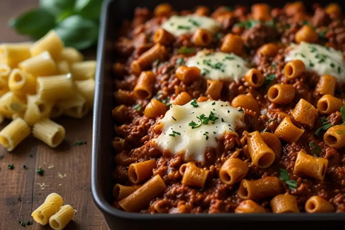 A serving of Beefaroni with ground beef, elbow macaroni, and melted cheese on top