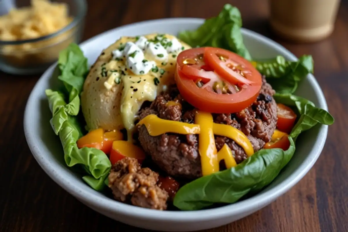 A delicious burger bowl with fresh greens, juicy patty, and various toppings.