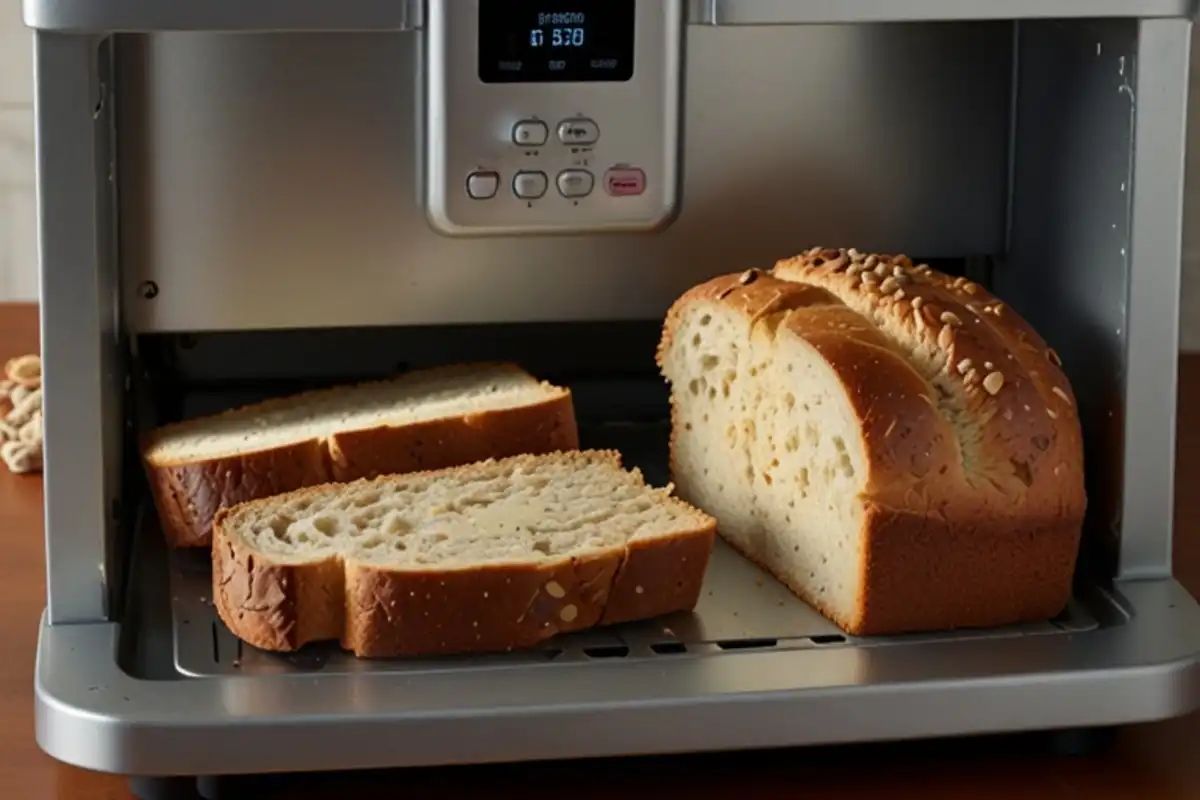 Freshly baked loaf of classic white bread from a Cuisinart bread maker, sliced on a wooden cutting board