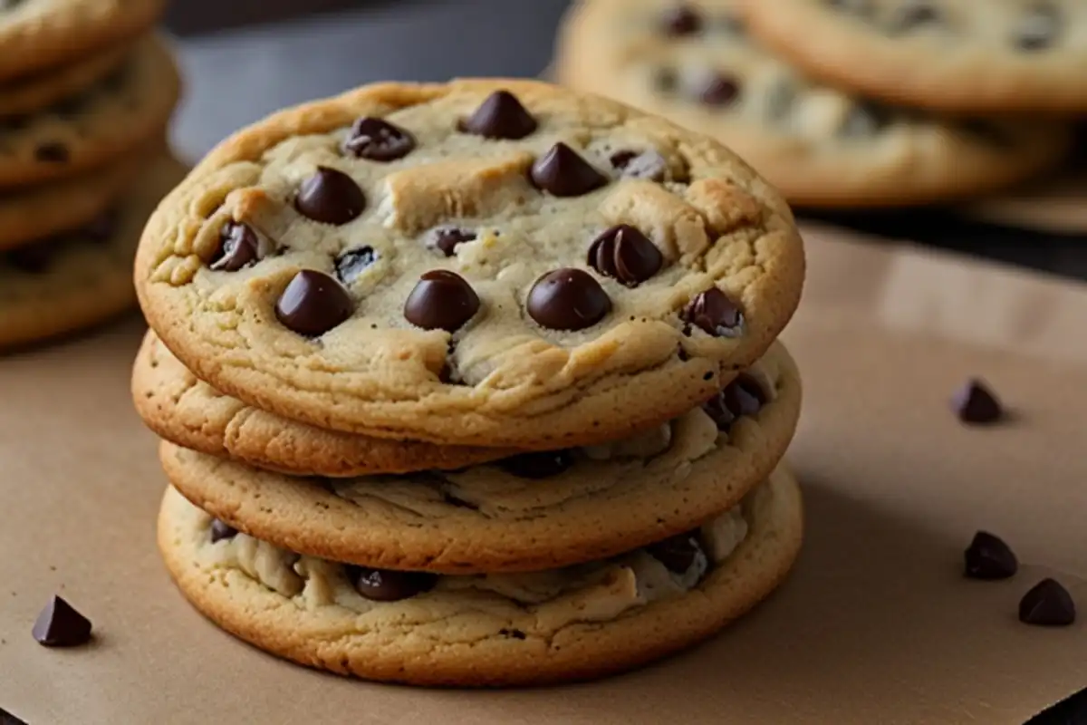 A close-up of freshly baked Disney chocolate chip cookies on a cooling rack, with melted chocolate chips and golden edges, evoking a warm, homemade feel.