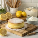 A delicious slice of easy lemon cake topped with fresh lemon zest and a dollop of whipped cream.