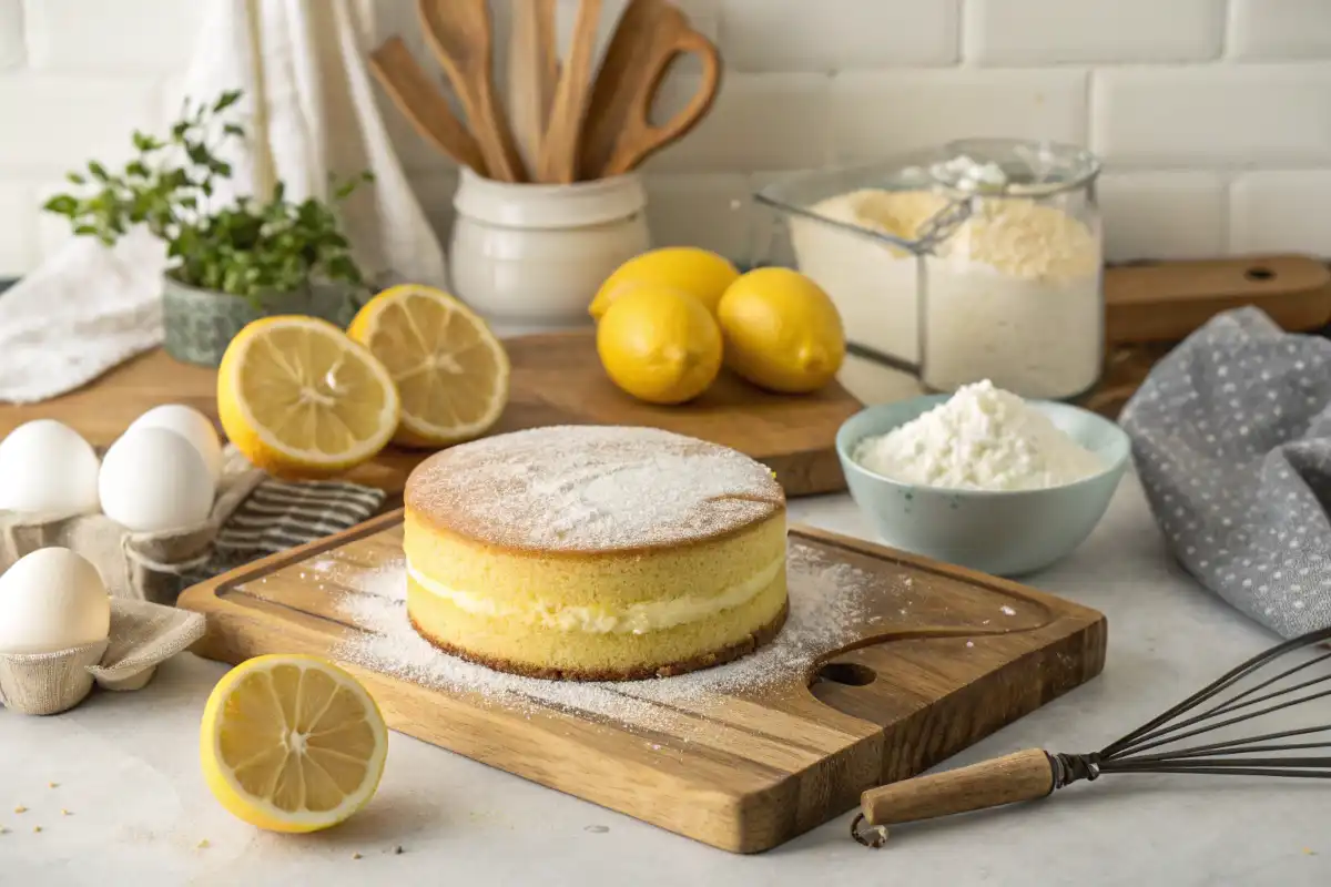 A delicious slice of easy lemon cake topped with fresh lemon zest and a dollop of whipped cream.