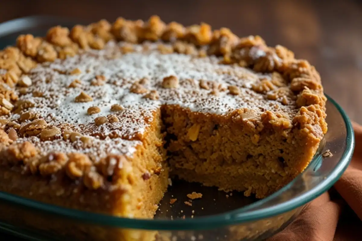 Pumpkin Dump Cake in a baking dish with a golden, crumbly topping