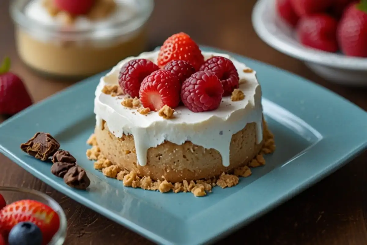 A collection of low sugar desserts, including brownies, mousse, and fruit parfaits.