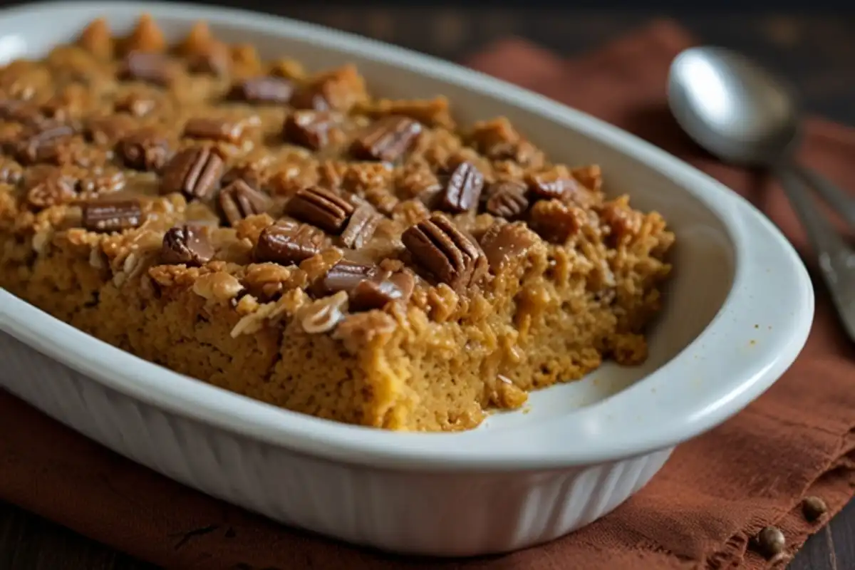 Pumpkin Dump Cake topped with whipped cream in a baking dish