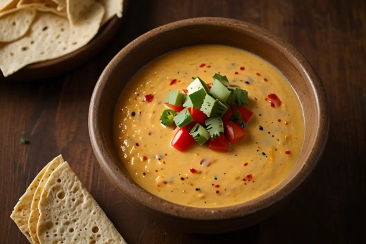 Smoked Queso Dip with melted cheese and peppers served in a cast iron skillet.