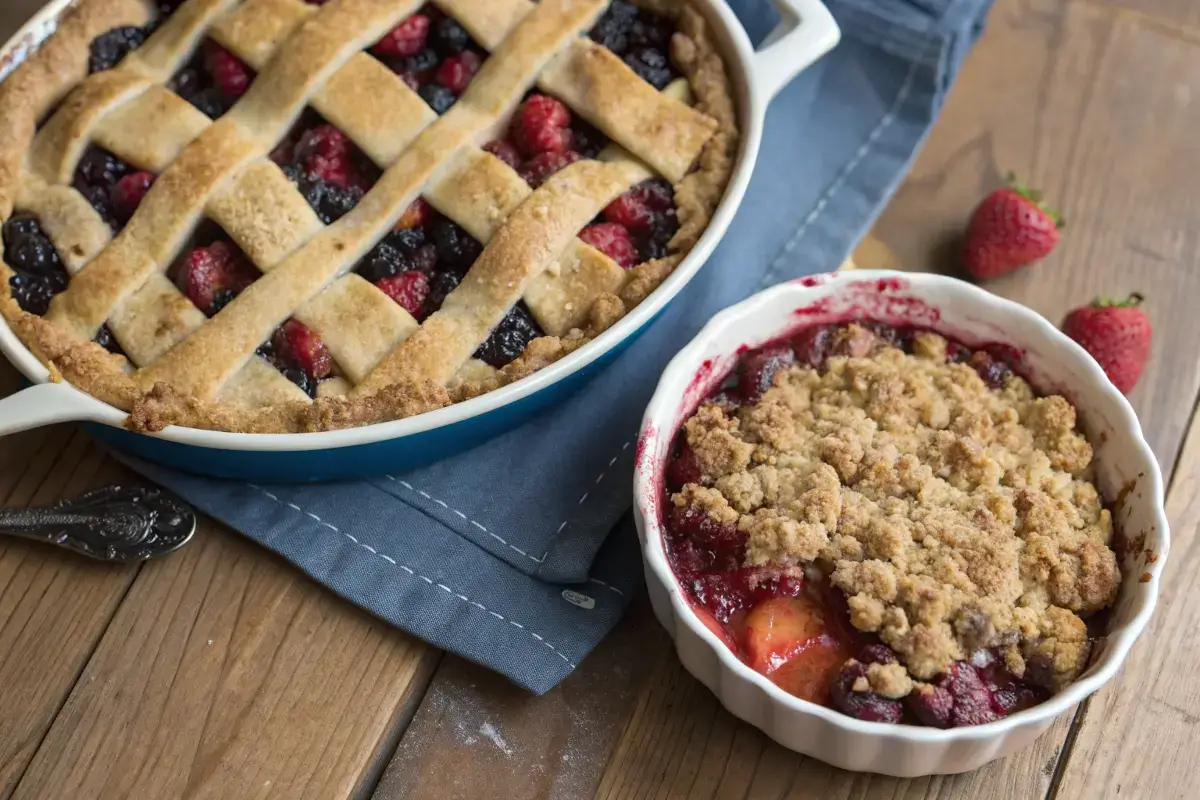 A close-up of a freshly baked peach cobbler with a golden biscuit topping next to a plate of apple crumble topped with oats.