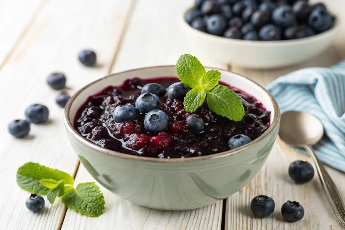 Homemade blueberry compote served in a glass jar with fresh blueberries on the side