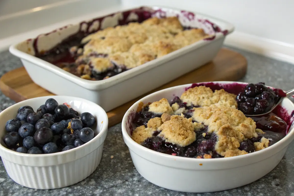 Blueberry crumble and cobbler served on a rustic wooden table with fresh blueberries.