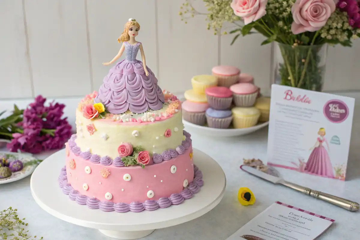 Easy Barbie cake decorated with pink frosting and Barbie doll centerpiece, perfect for birthday celebrations.