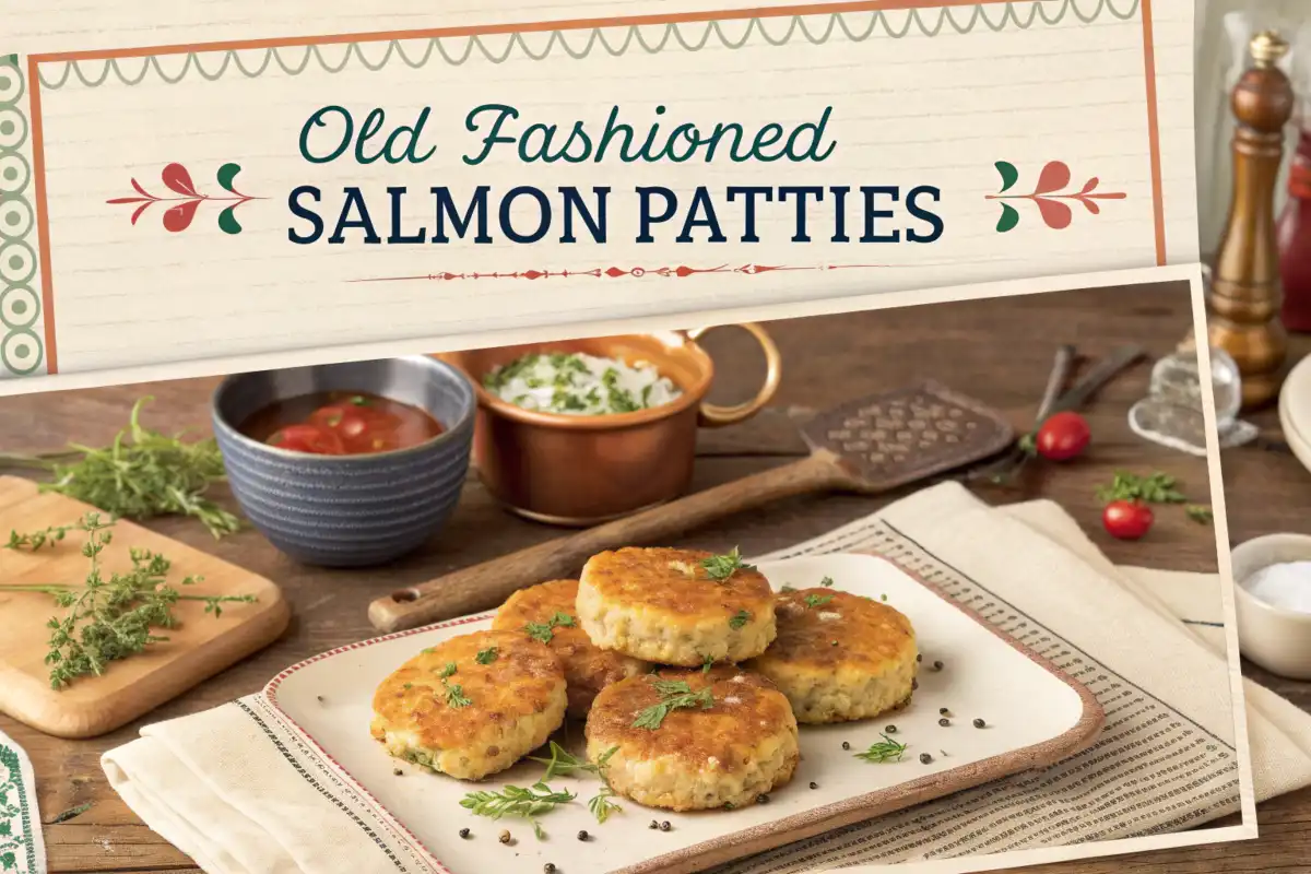 Golden-brown old fashioned salmon patties served on a plate with a side of fresh salad and dipping sauce.