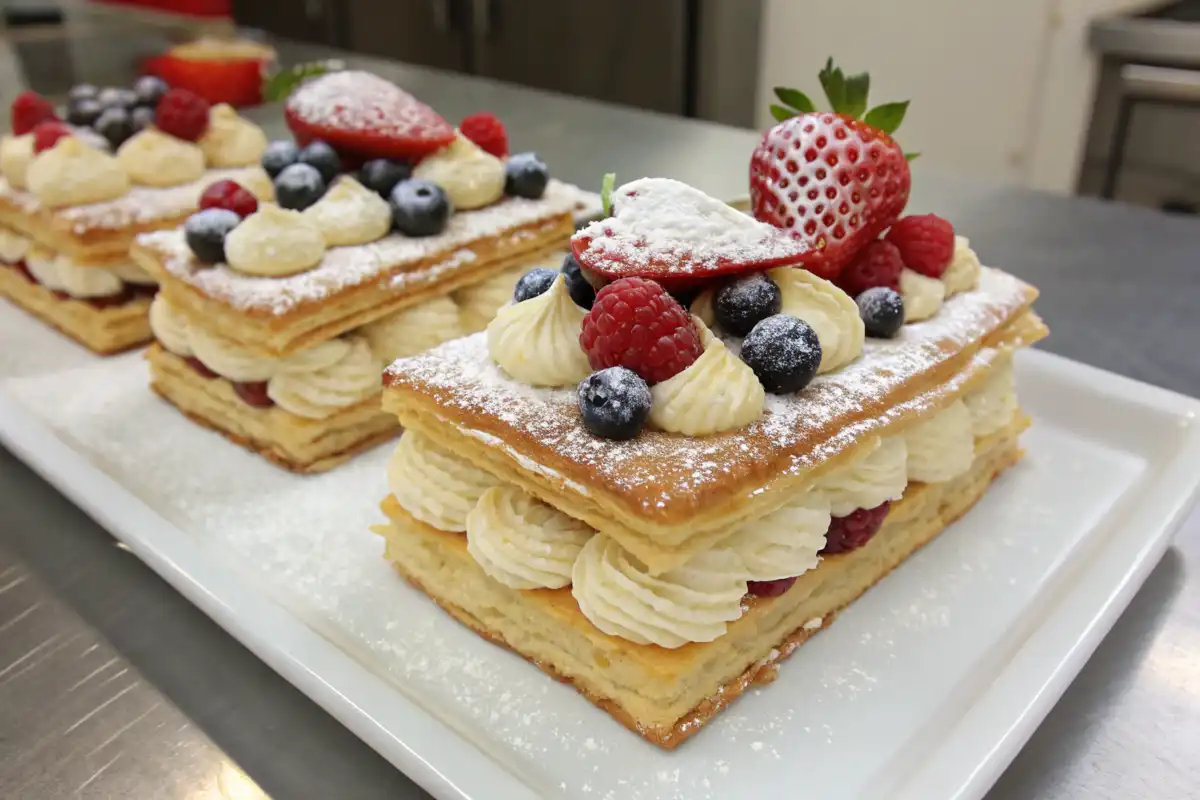 Flaky puff pastry filled with sweet fruit and cream, perfect for dessert recipes.