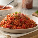 A bowl of cooked red rice with vegetables and herbs, perfect for healthy meals.