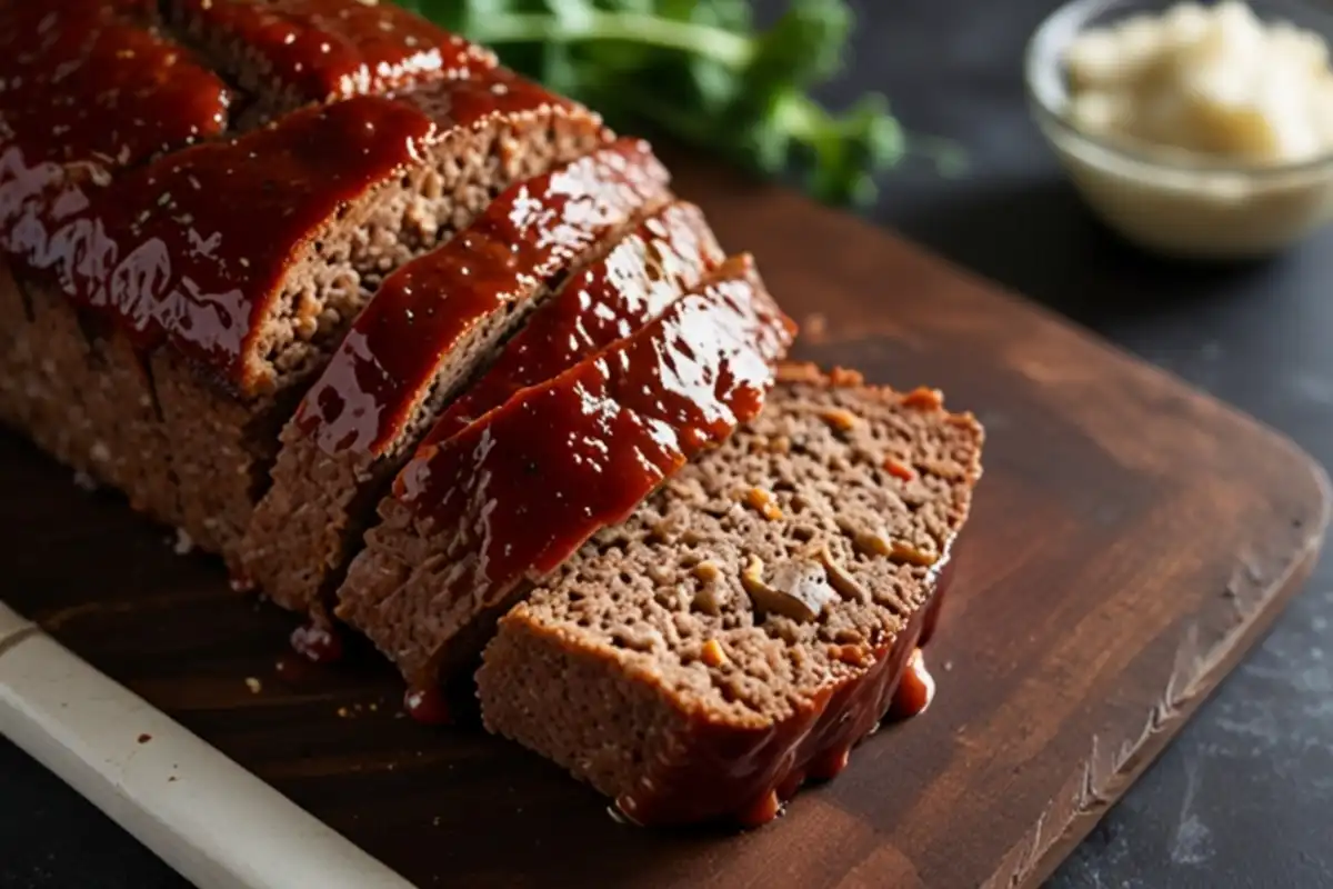 Smoked meatloaf with a smoky glaze and garnish, placed on a platter ready to be served.