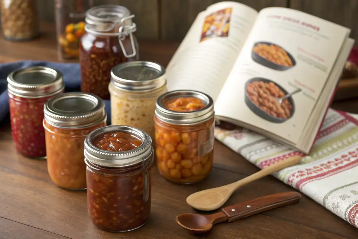 A bowl of homemade baked beans with a rich, sweet, and savory sauce, served with bacon and fresh herbs.