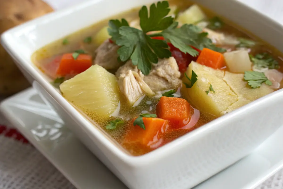 Delicious Caldo de Pollo served in a bowl with vegetables and chicken.