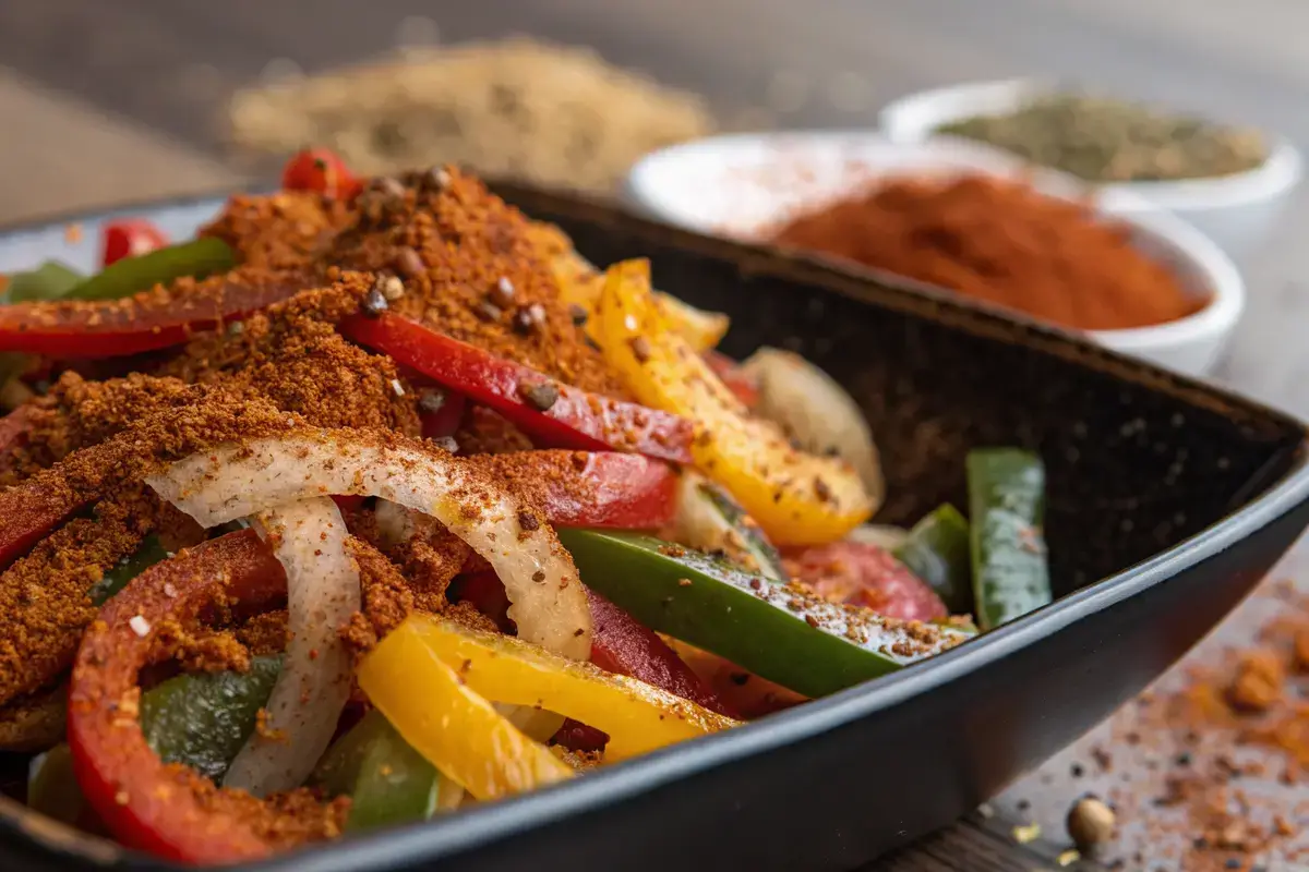 Homemade fajita seasoning mix in a bowl with colorful spices