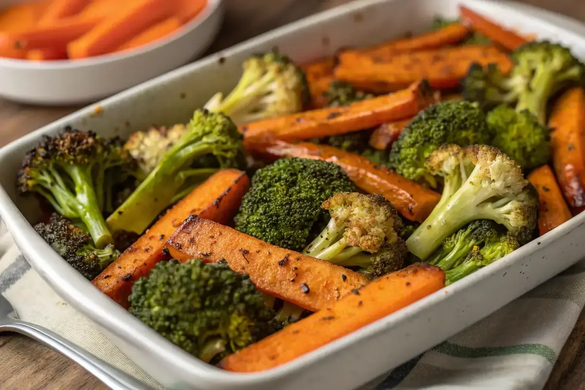 A tray of roasted broccoli and carrots, crispy and caramelized, garnished with fresh herbs.